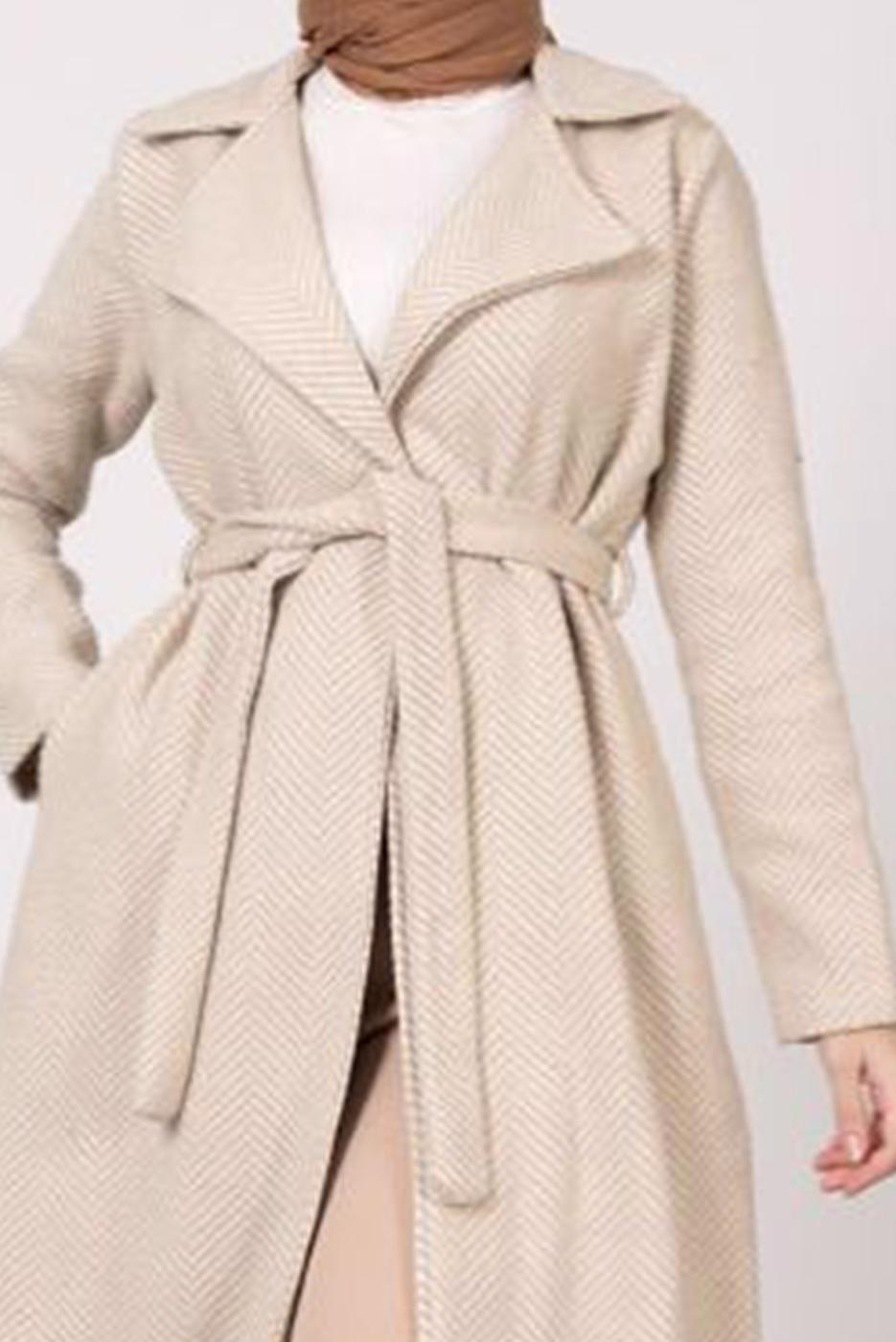 Tesettür giyim BEJ BALIKSIRTI DESENLİ KABAN 5285 