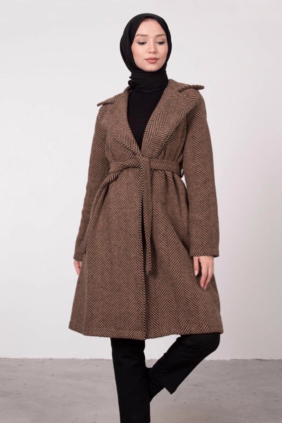 Tesettür giyim KAHVE BALIKSIRTI DESENLİ KABAN 5285 