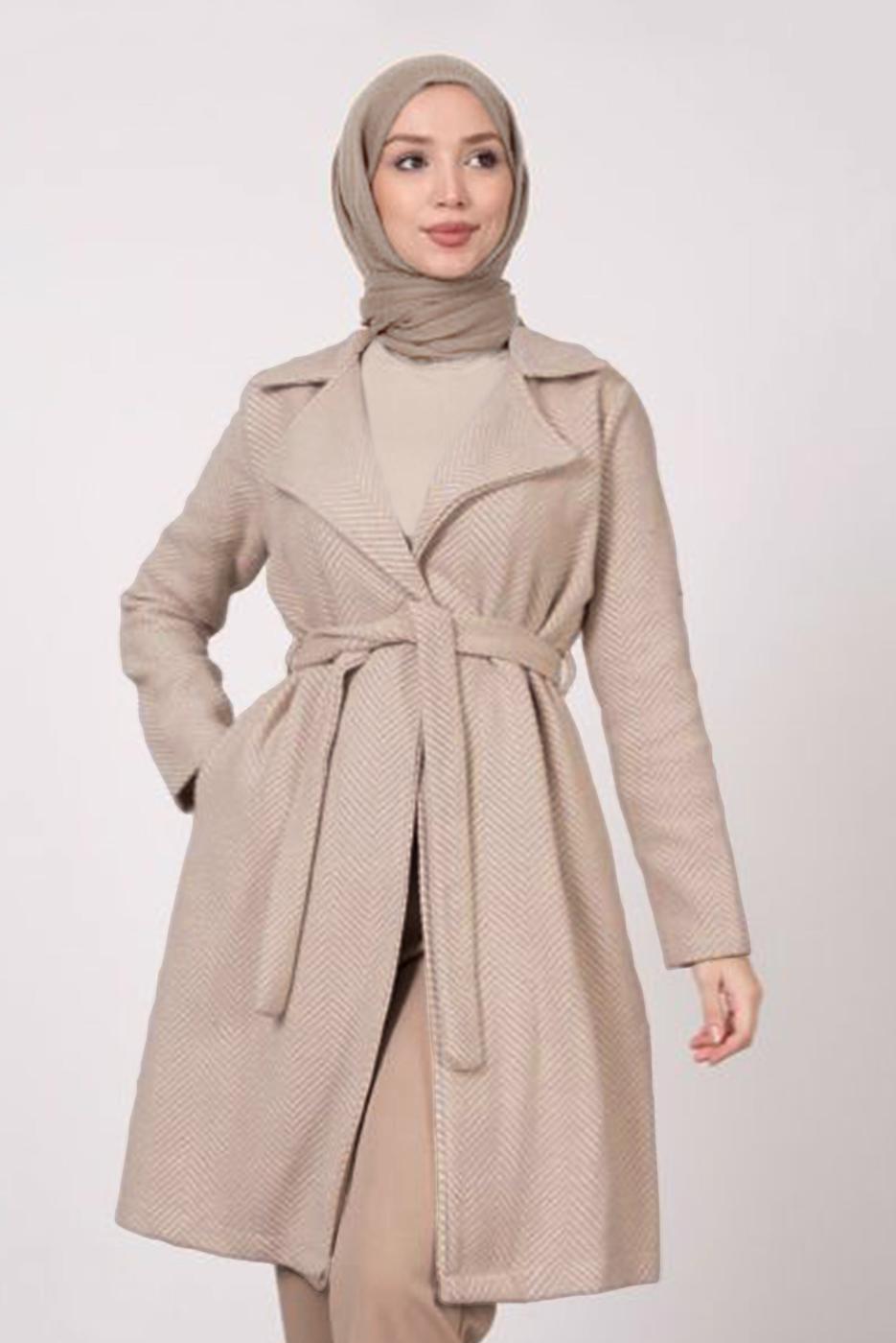 Tesettür giyim VİZON BALIKSIRTI DESENLİ KABAN 5285 