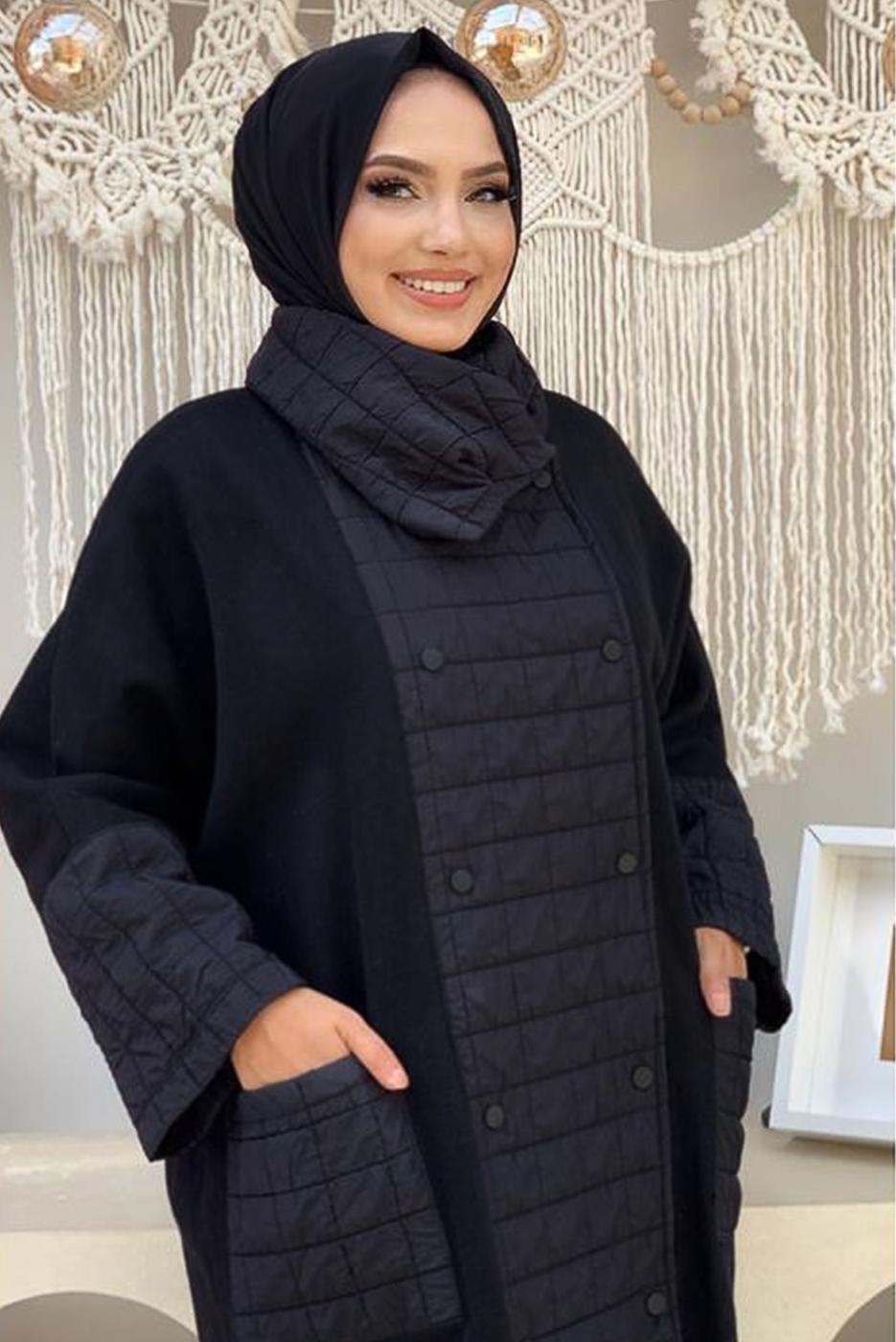Tesettür giyim SİYAH KAPİTONE DETAYLI KAŞE KABAN 6077  
