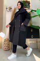 Tesettür giyim SİYAH KAPİTONE DETAYLI KAŞE KABAN 6077  