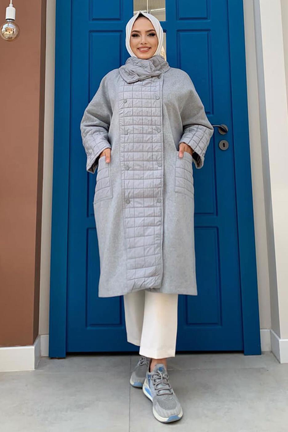 Tesettür giyim GRİ KAPİTONE DETAYLI KAŞE KABAN 6077  