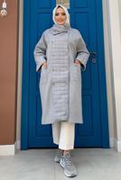 Tesettür giyim GRİ KAPİTONE DETAYLI KAŞE KABAN 6077  