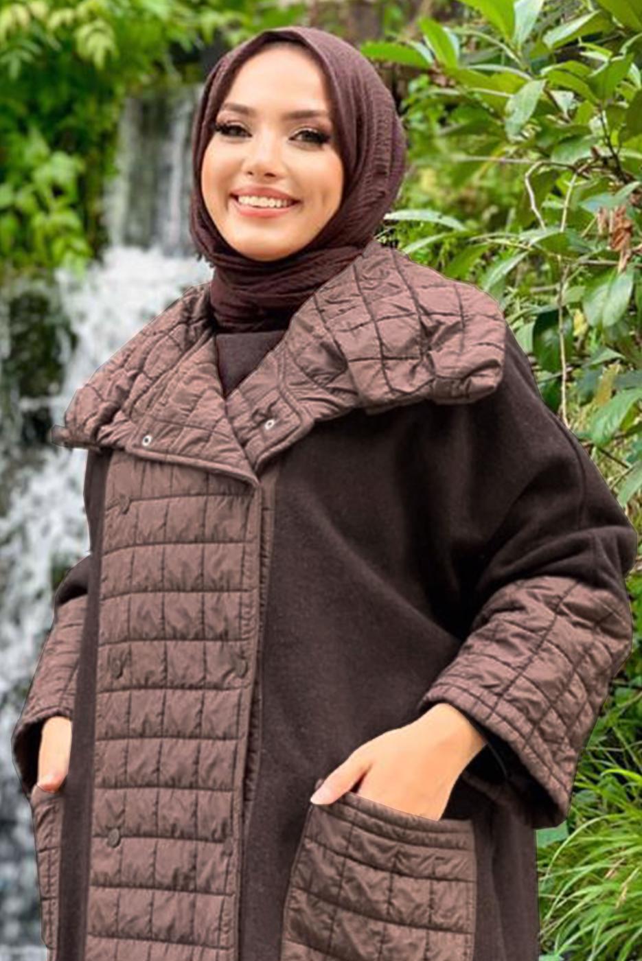 Tesettür giyim KAHVE KAPİTONE DETAYLI KAŞE KABAN 6077  
