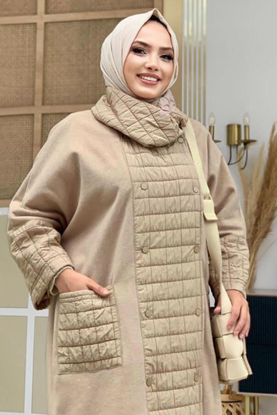 Tesettür giyim VİZON KAPİTONE DETAYLI KAŞE KABAN 6077  