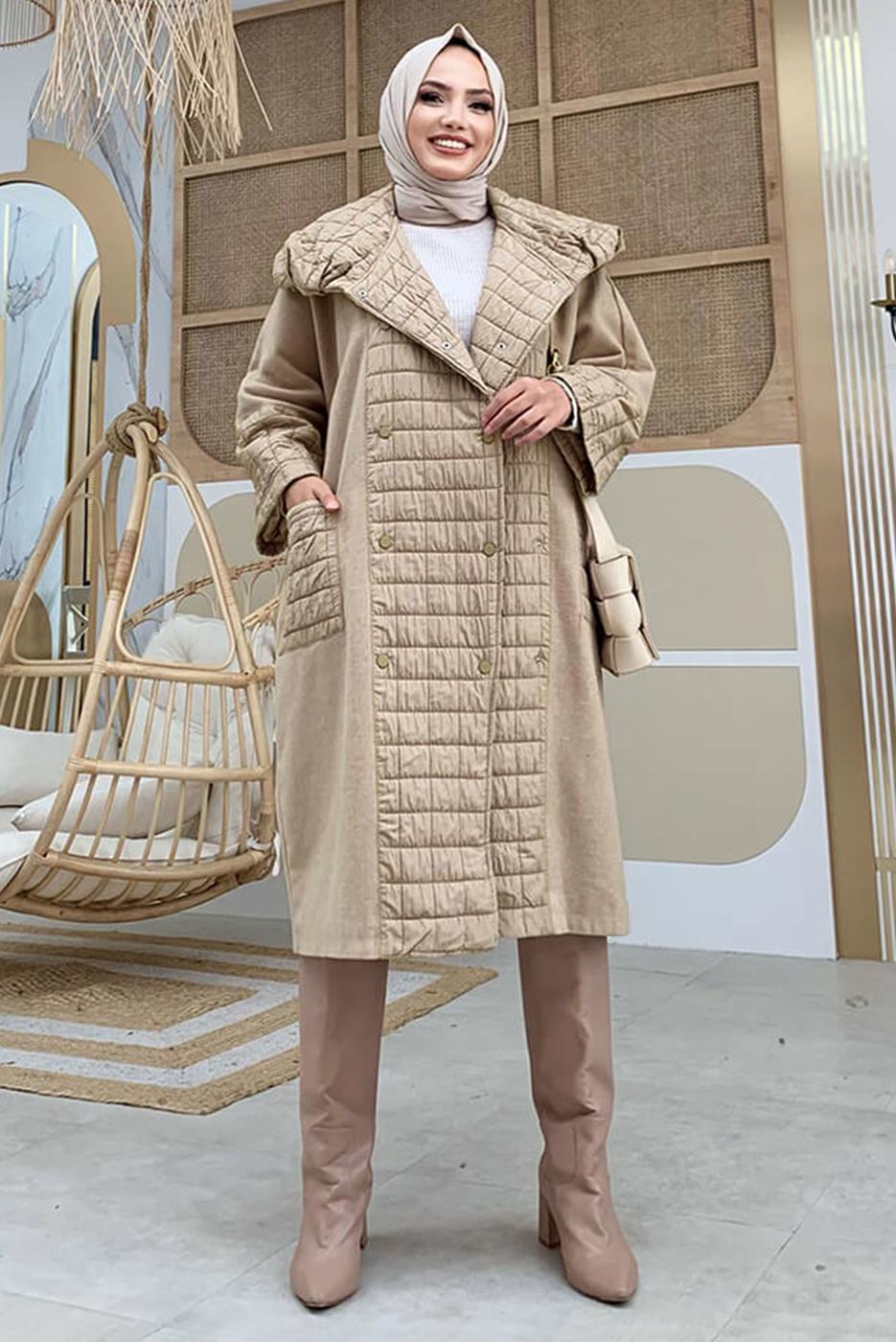 Tesettür giyim VİZON KAPİTONE DETAYLI KAŞE KABAN 6077  