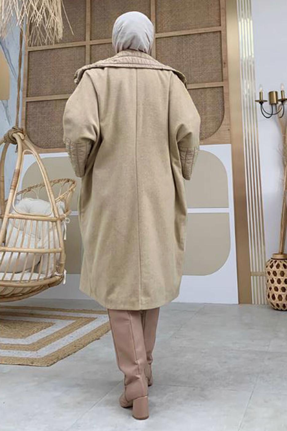 Tesettür giyim VİZON KAPİTONE DETAYLI KAŞE KABAN 6077  