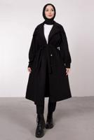 Tesettür giyim SİYAH BALON KOLLU KUŞAKLI KABAN 6385	