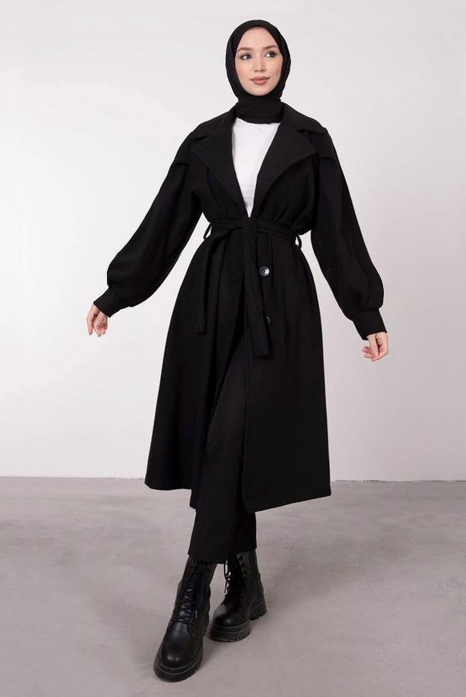 Tesettür giyim SİYAH BALON KOLLU KUŞAKLI KABAN 6385	