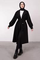 Tesettür giyim SİYAH BALON KOLLU KUŞAKLI KABAN 6385	