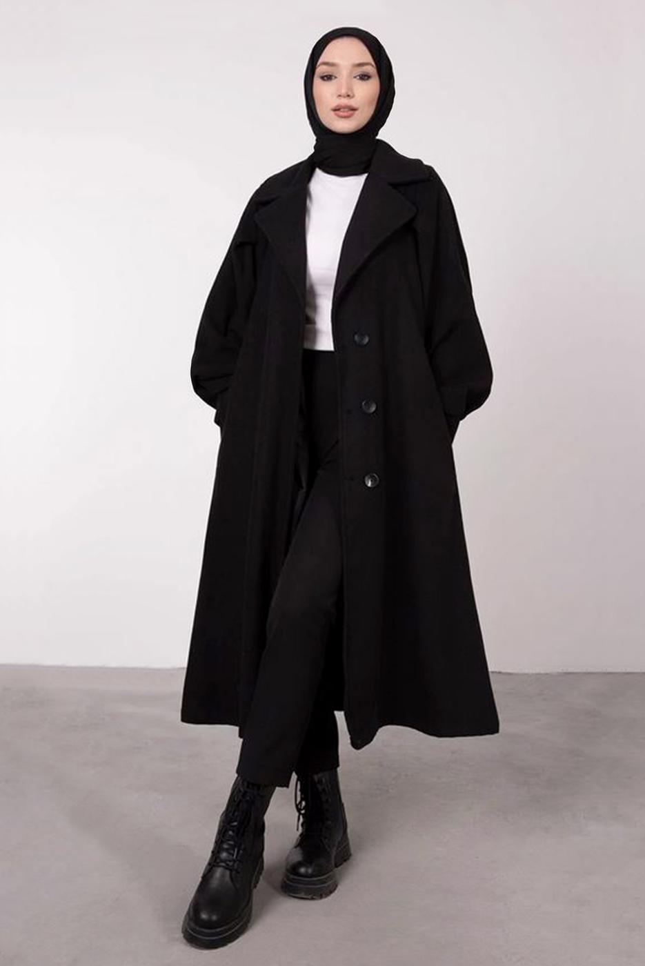 Tesettür giyim SİYAH BALON KOLLU KUŞAKLI KABAN 6385	