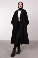 Tesettür giyim SİYAH BALON KOLLU KUŞAKLI KABAN 6385	