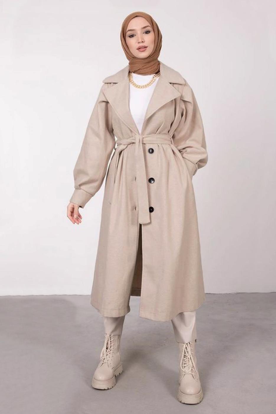 Tesettür giyim BEJ BALON KOLLU KUŞAKLI KABAN 6385	