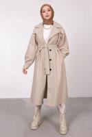 Tesettür giyim BEJ BALON KOLLU KUŞAKLI KABAN 6385	