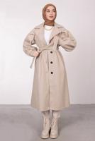 Tesettür giyim BEJ BALON KOLLU KUŞAKLI KABAN 6385	