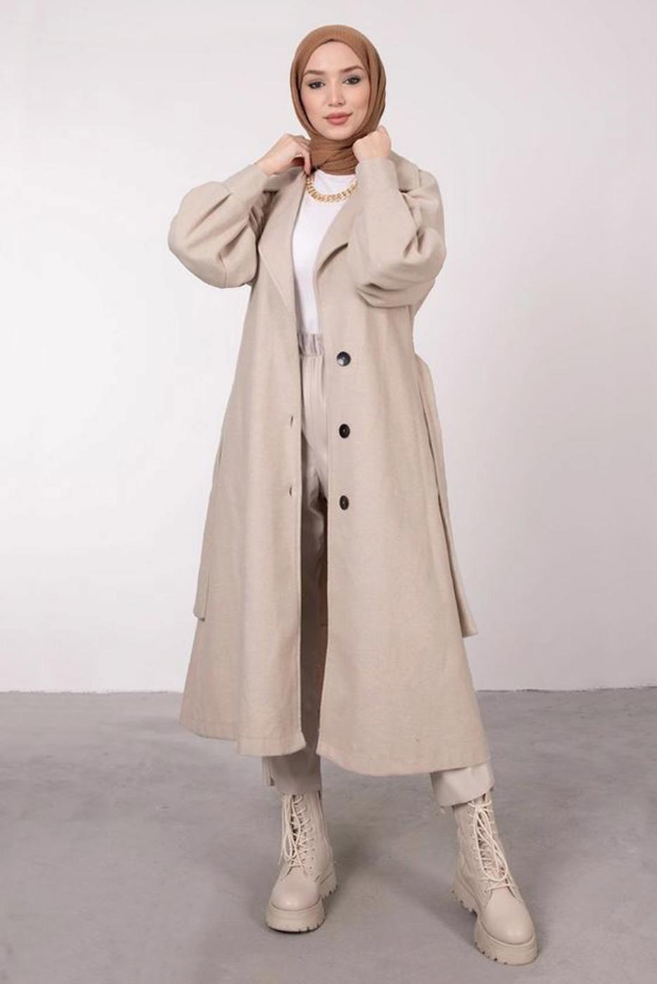 Tesettür giyim BEJ BALON KOLLU KUŞAKLI KABAN 6385	