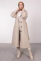 Tesettür giyim BEJ BALON KOLLU KUŞAKLI KABAN 6385	