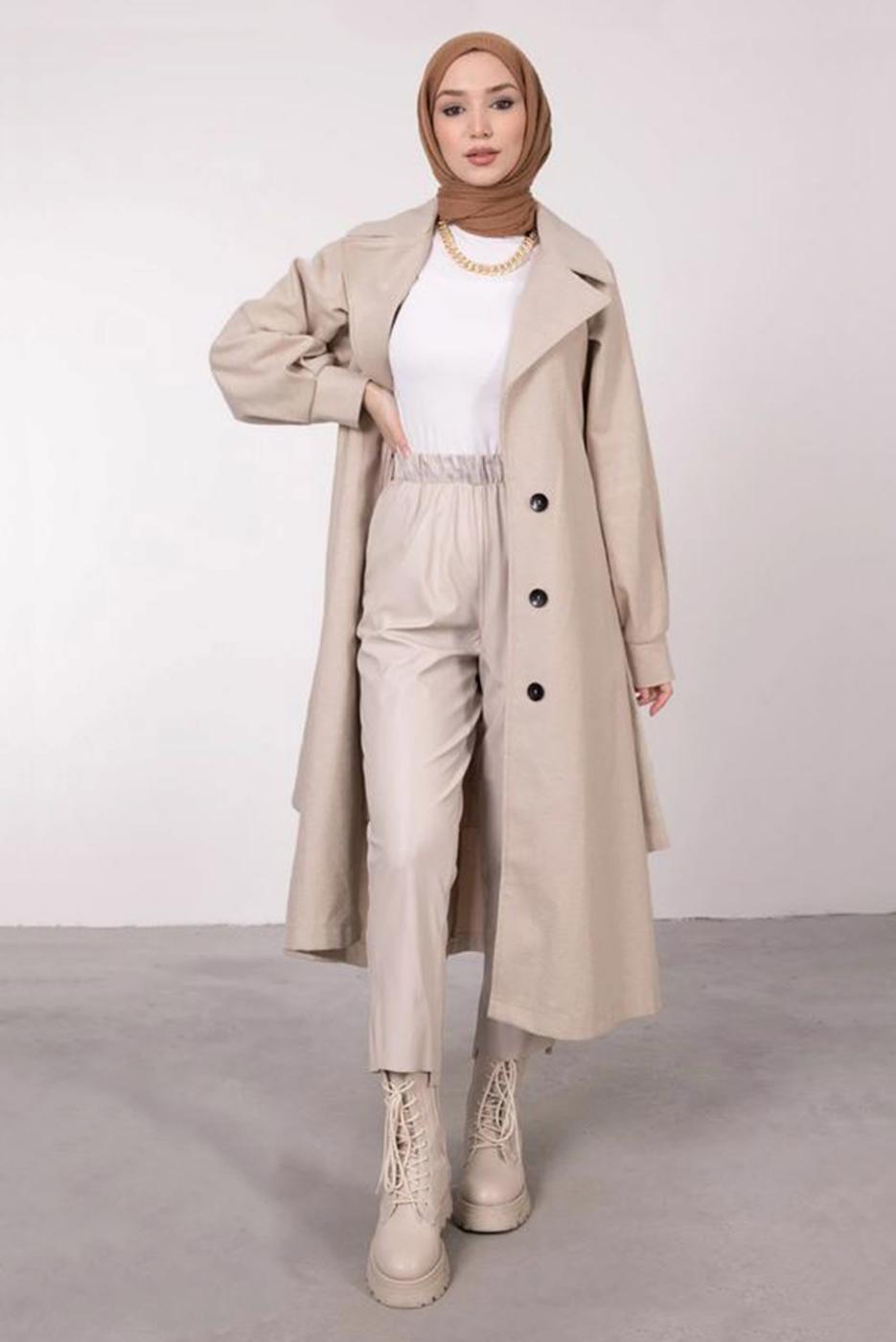 Tesettür giyim BEJ BALON KOLLU KUŞAKLI KABAN 6385	
