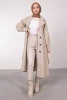 Tesettür giyim BEJ BALON KOLLU KUŞAKLI KABAN 6385	