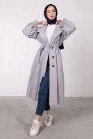 Tesettür giyim GRİ BALON KOLLU KUŞAKLI KABAN 6385	