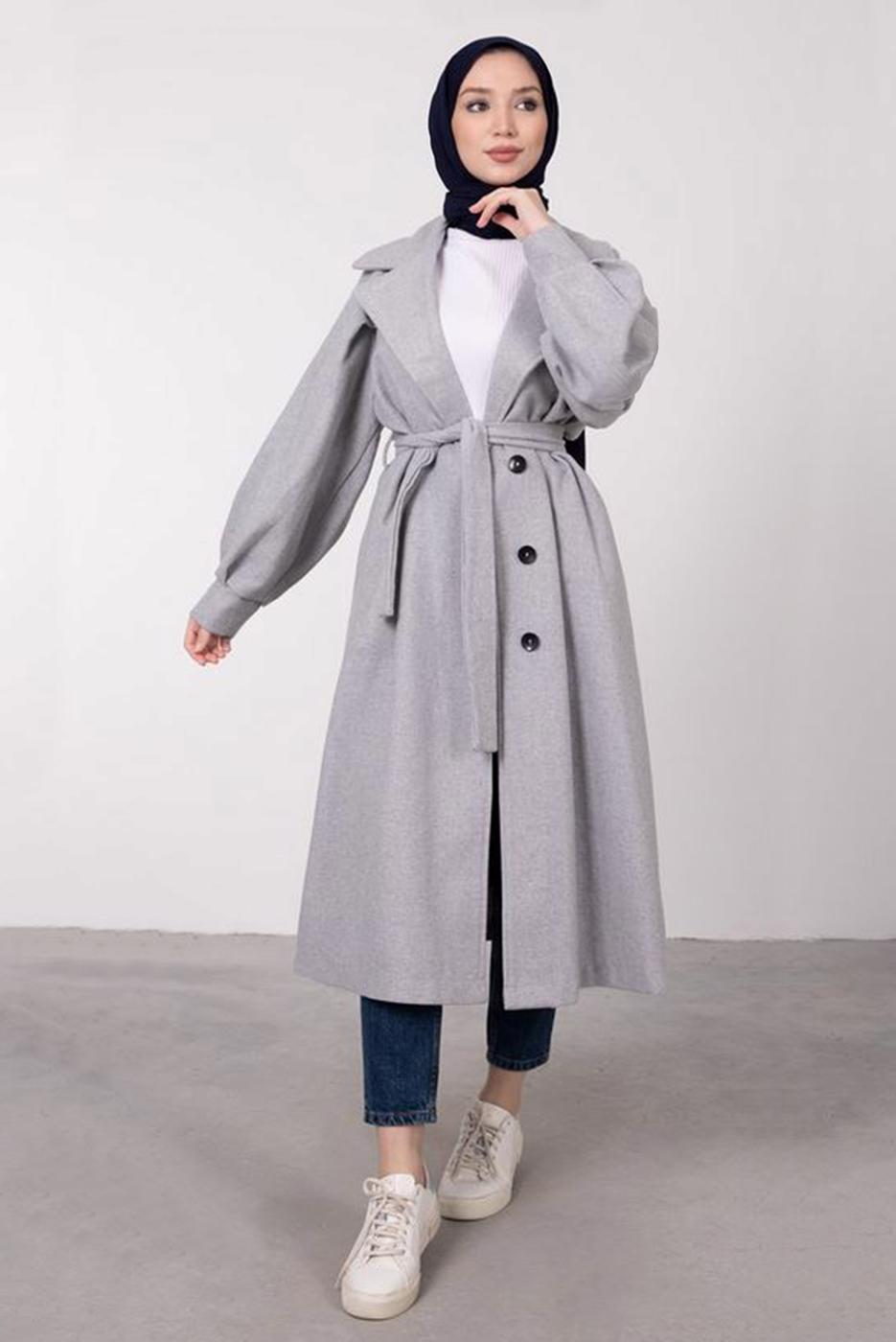 Tesettür giyim GRİ BALON KOLLU KUŞAKLI KABAN 6385	