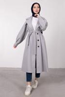 Tesettür giyim GRİ BALON KOLLU KUŞAKLI KABAN 6385	