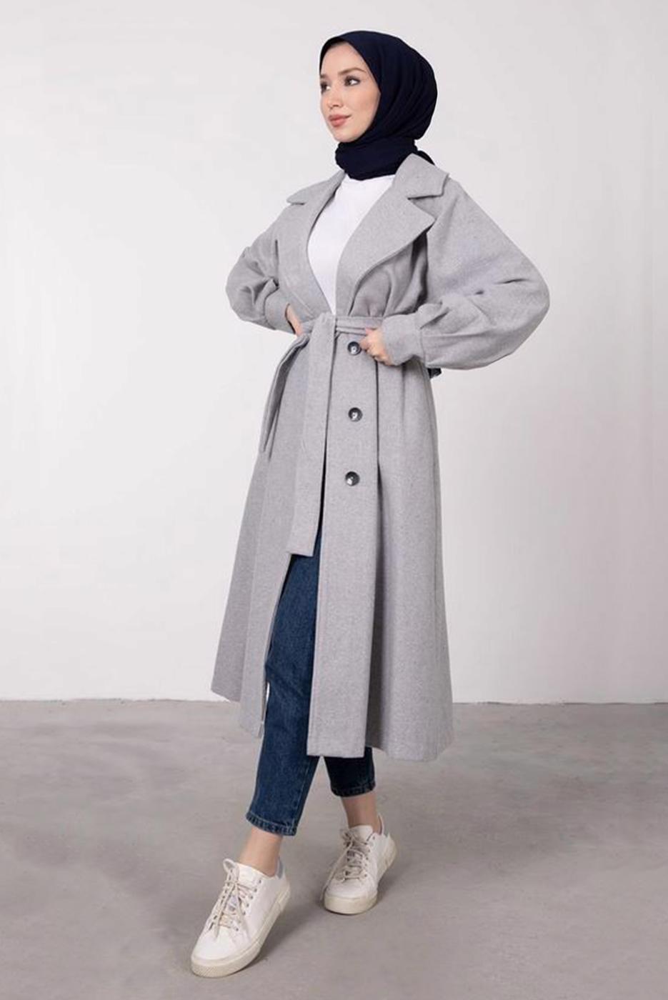 Tesettür giyim GRİ BALON KOLLU KUŞAKLI KABAN 6385	