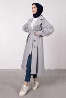 Tesettür giyim GRİ BALON KOLLU KUŞAKLI KABAN 6385	