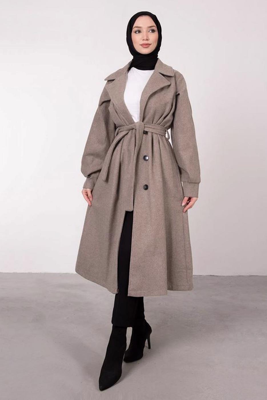 Tesettür giyim VİZON BALON KOLLU KUŞAKLI KABAN 6385	