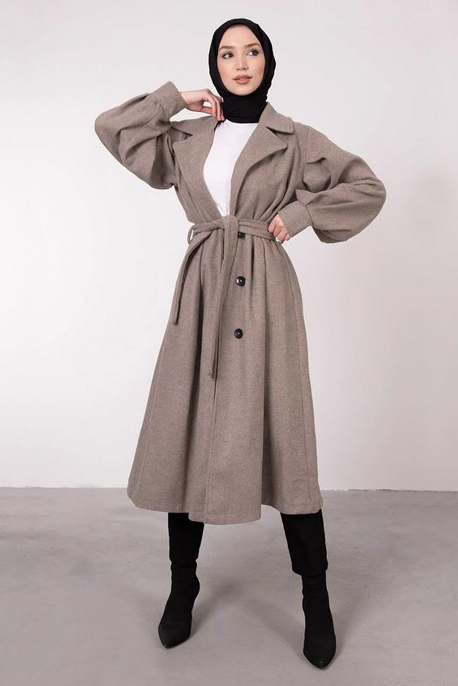 Tesettür giyim VİZON BALON KOLLU KUŞAKLI KABAN 6385	