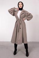 Tesettür giyim VİZON BALON KOLLU KUŞAKLI KABAN 6385	