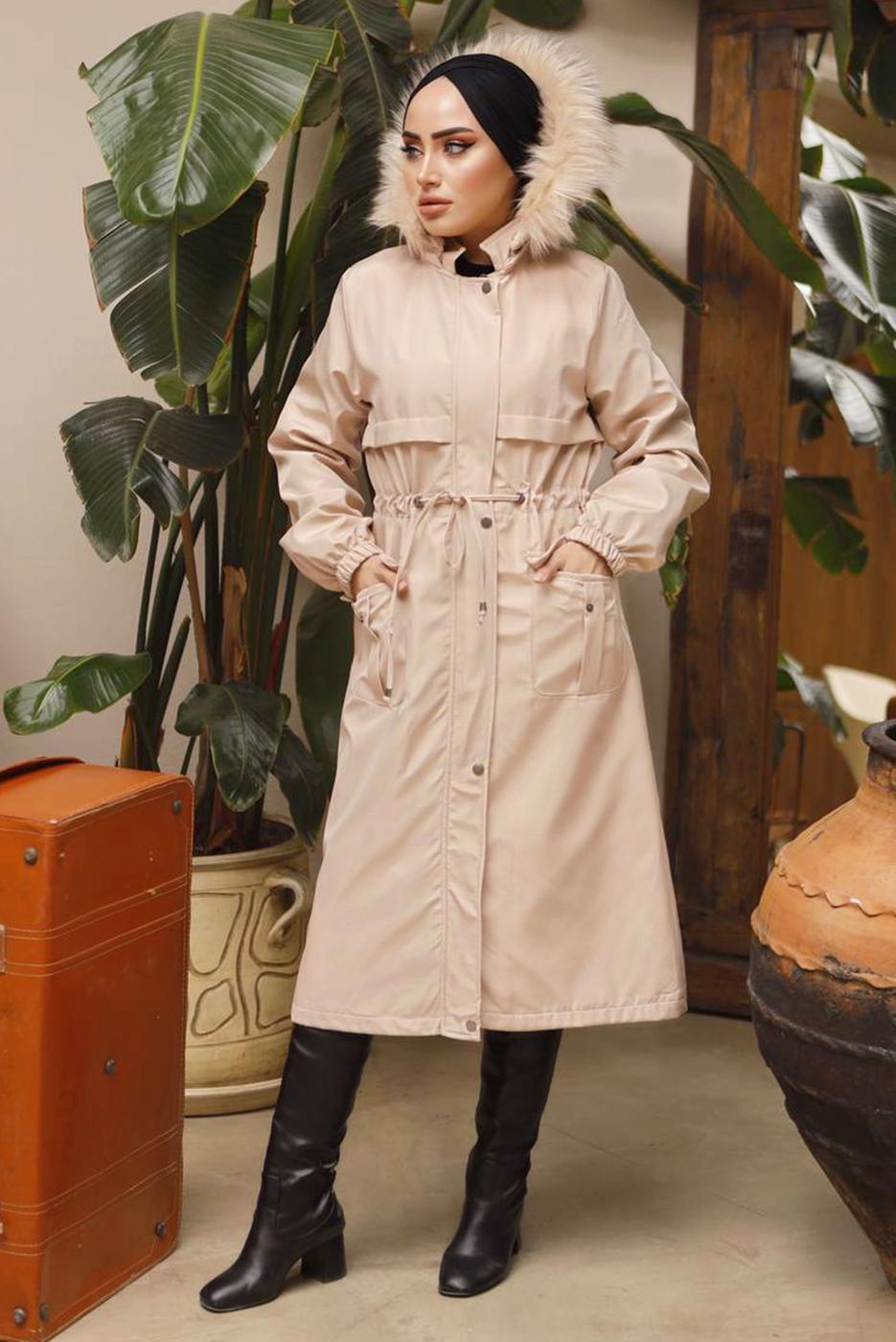 Tesettür giyim BEJ MANŞETLERİ LASTİKLİ KAPÜŞONLU KABAN 7029	