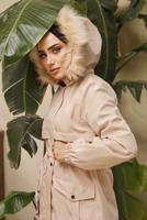 Tesettür giyim BEJ MANŞETLERİ LASTİKLİ KAPÜŞONLU KABAN 7029	