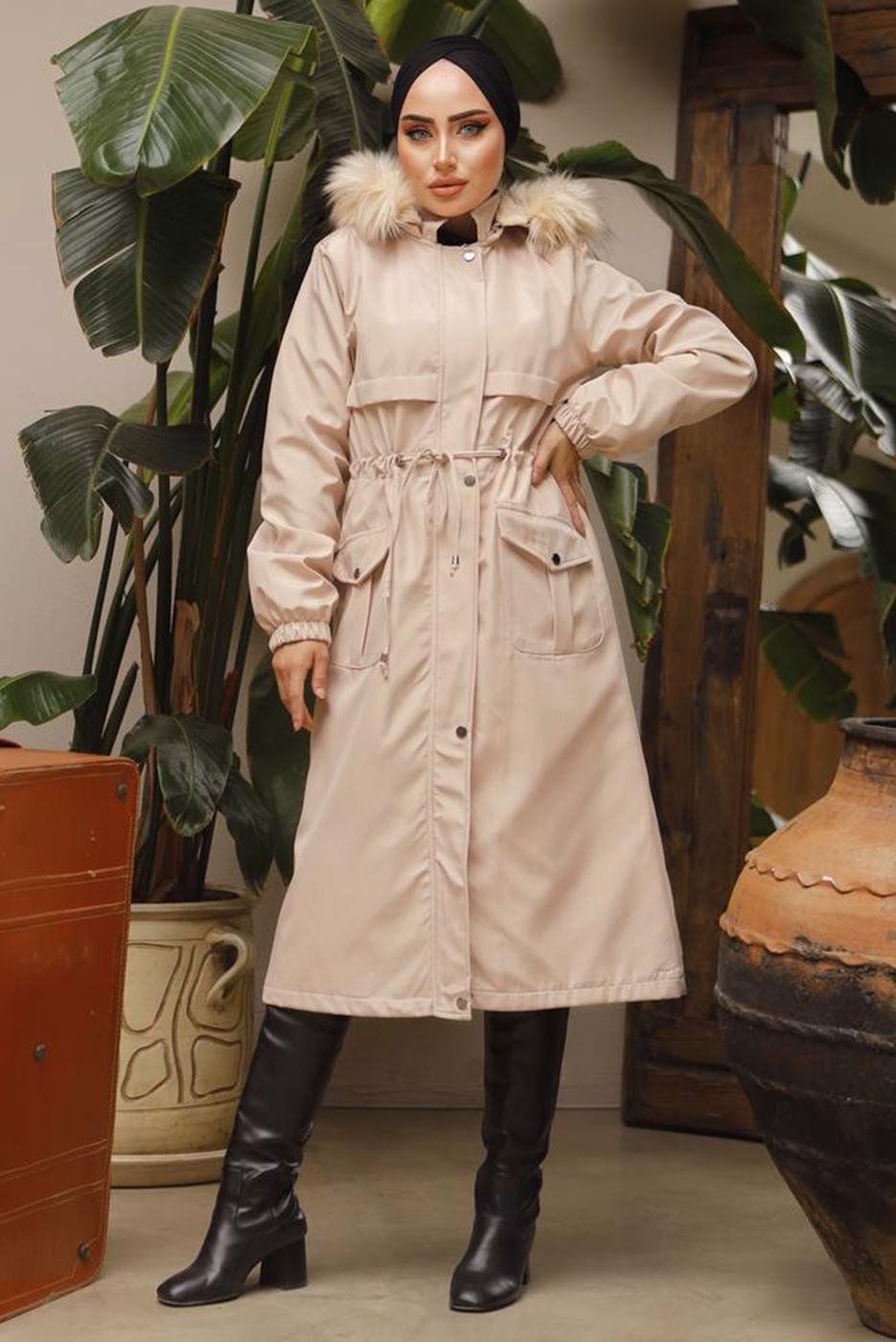 Tesettür giyim BEJ MANŞETLERİ LASTİKLİ KAPÜŞONLU KABAN 7029	