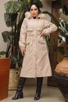 Tesettür giyim BEJ MANŞETLERİ LASTİKLİ KAPÜŞONLU KABAN 7029	