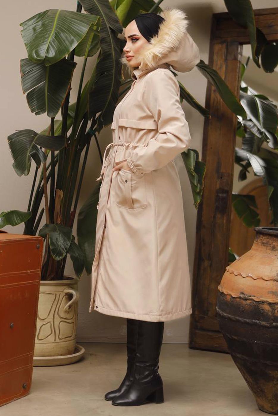 Tesettür giyim BEJ MANŞETLERİ LASTİKLİ KAPÜŞONLU KABAN 7029	