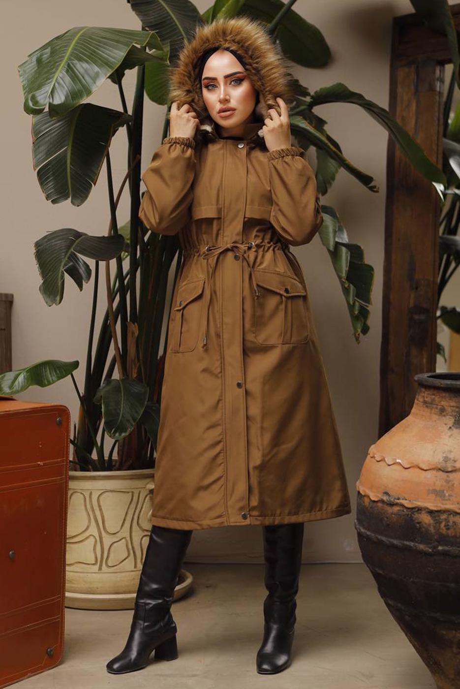 Tesettür giyim KAHVE MANŞETLERİ LASTİKLİ KAPÜŞONLU KABAN 7029	