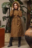 Tesettür giyim KAHVE MANŞETLERİ LASTİKLİ KAPÜŞONLU KABAN 7029	