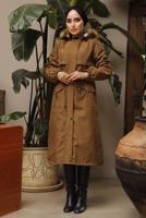 Tesettür giyim KAHVE MANŞETLERİ LASTİKLİ KAPÜŞONLU KABAN 7029	