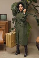 Tesettür giyim HAKİ MANŞETLERİ LASTİKLİ KAPÜŞONLU KABAN 7029	