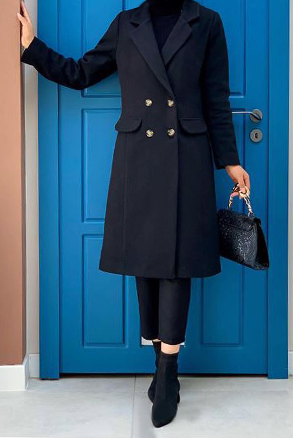 Tesettür giyim SİYAH KRUVAZE YAKA KAŞE KABAN 7077