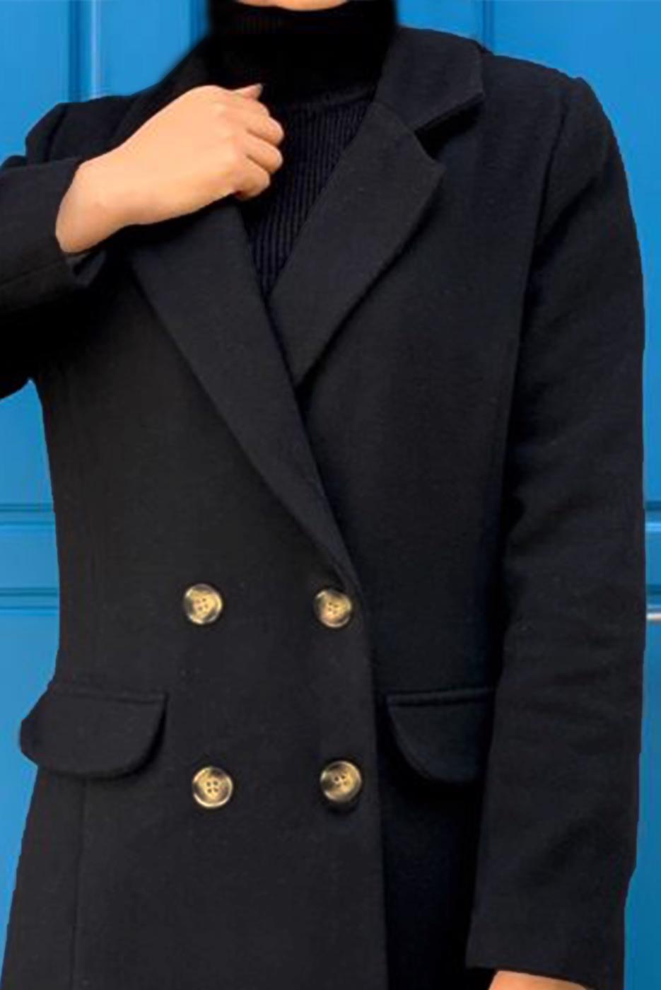 Tesettür giyim SİYAH KRUVAZE YAKA KAŞE KABAN 7077