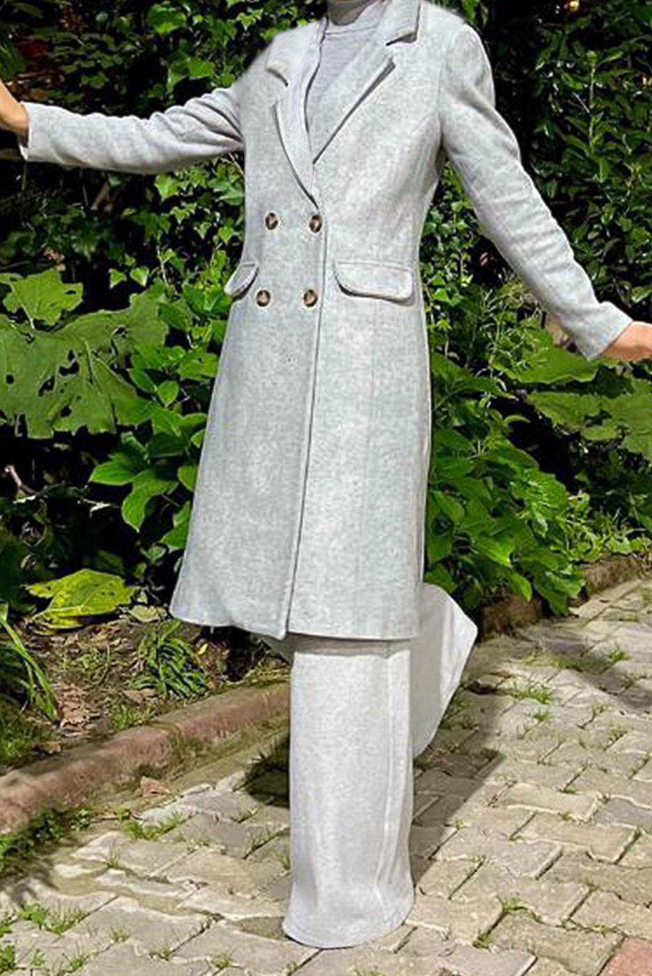 Tesettür giyim GRİ KRUVAZE YAKA KAŞE KABAN 7077