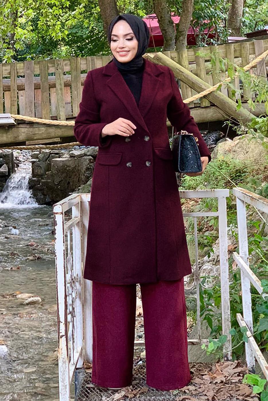 Tesettür giyim BORDO KRUVAZE YAKA KAŞE KABAN 7077