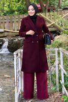 Tesettür giyim BORDO KRUVAZE YAKA KAŞE KABAN 7077