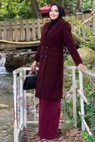 Tesettür giyim BORDO KRUVAZE YAKA KAŞE KABAN 7077