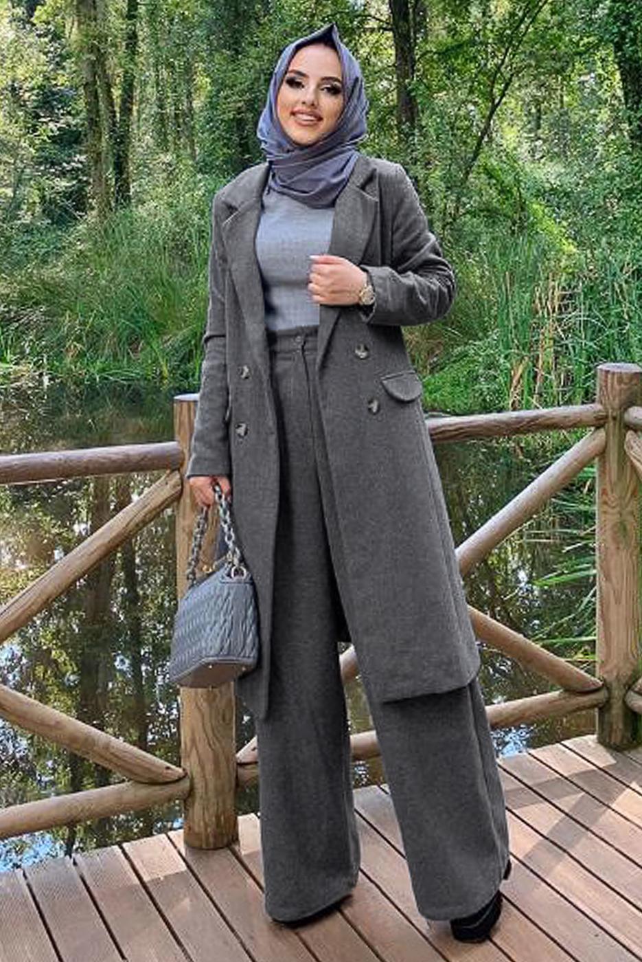 Tesettür giyim GRİ KRUVAZE YAKA KAŞE KABAN 7077
