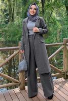 Tesettür giyim GRİ KRUVAZE YAKA KAŞE KABAN 7077