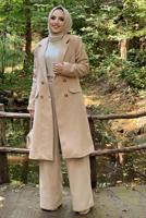 Tesettür giyim BEJ KRUVAZE YAKA KAŞE KABAN 7077