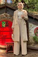 Tesettür giyim BEJ KRUVAZE YAKA KAŞE KABAN 7077